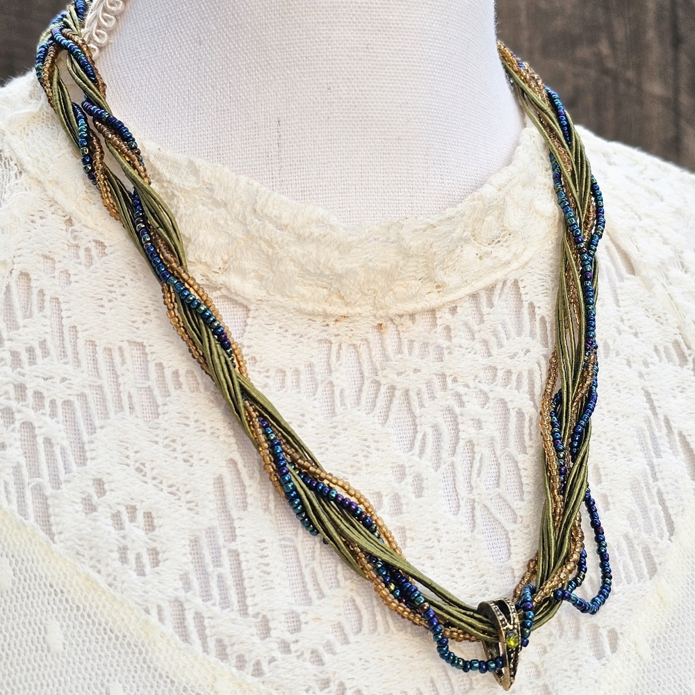 Lucite Braided Beaded Green and Blue Necklace